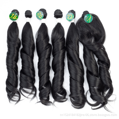 Factory wholesales Japanese fiber 3 Hair Bundles With Lace Closure Curly wave Synthetic Braiding Hair Ombre Color